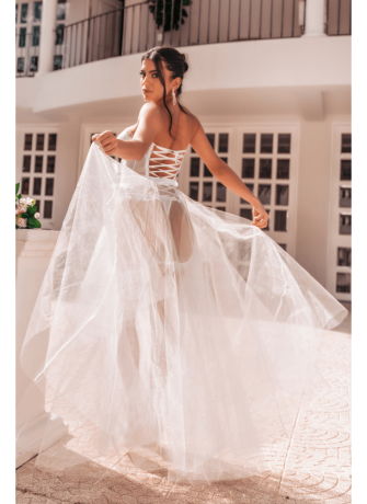Ensemble 4 pièces blanc, bustier, string et 2 jarretières - MAL8933WHT